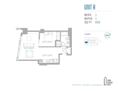 Floor plan for 1 bed, 1 bath, 668 sqft